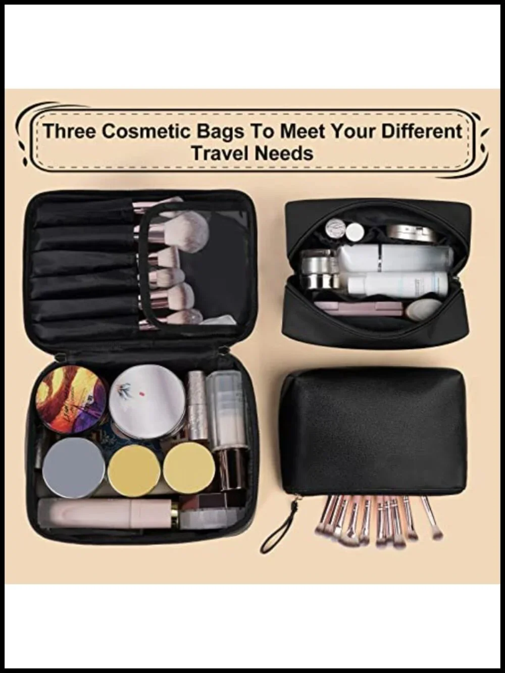 Large Cosmetic Bag Set with 2 Small Pouches - PU Leather Travel Makeup Organizer